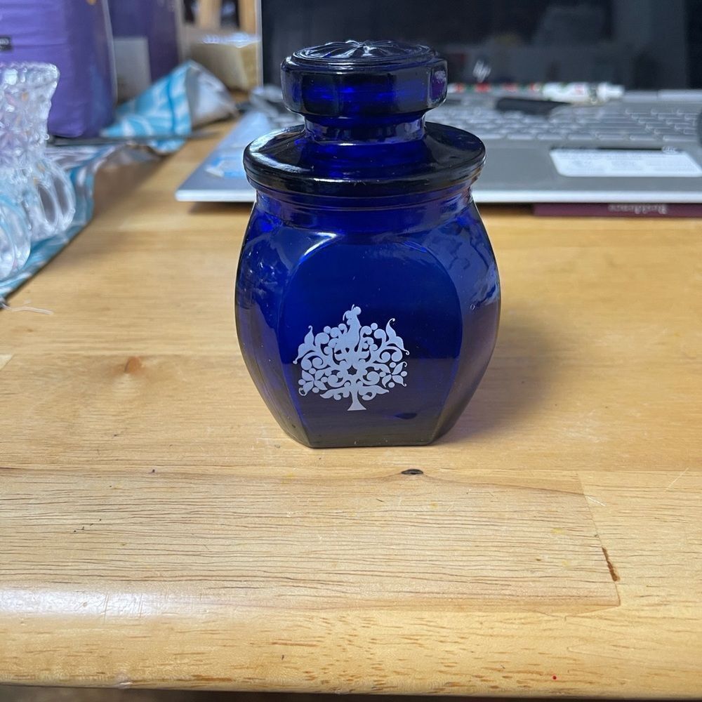Vintage Cobalt Blue Glass CoveredJar with “Partridge in a Pear Tree” Silkscreen